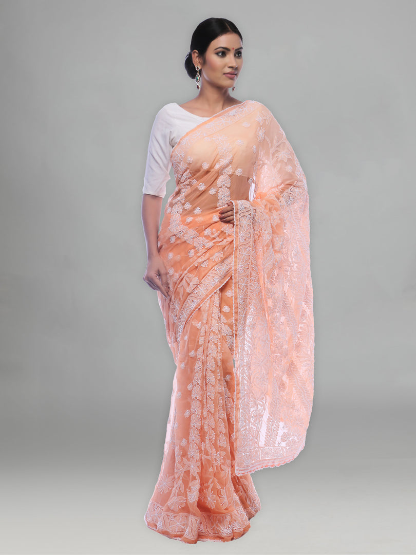 Seva Chikan Hand Embroidered Peach Georgette Lucknowi Saree-SCL0383