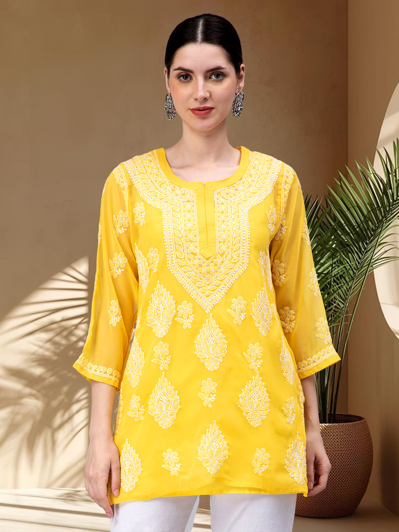 Seva Chikan Hand Embroidered Georgette Lucknowi Chikankari Top With Slip