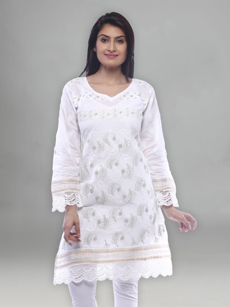 Seva Chikan Hand Embroidered White Cotton Lucknowi Chikan Kurti-SCL0226