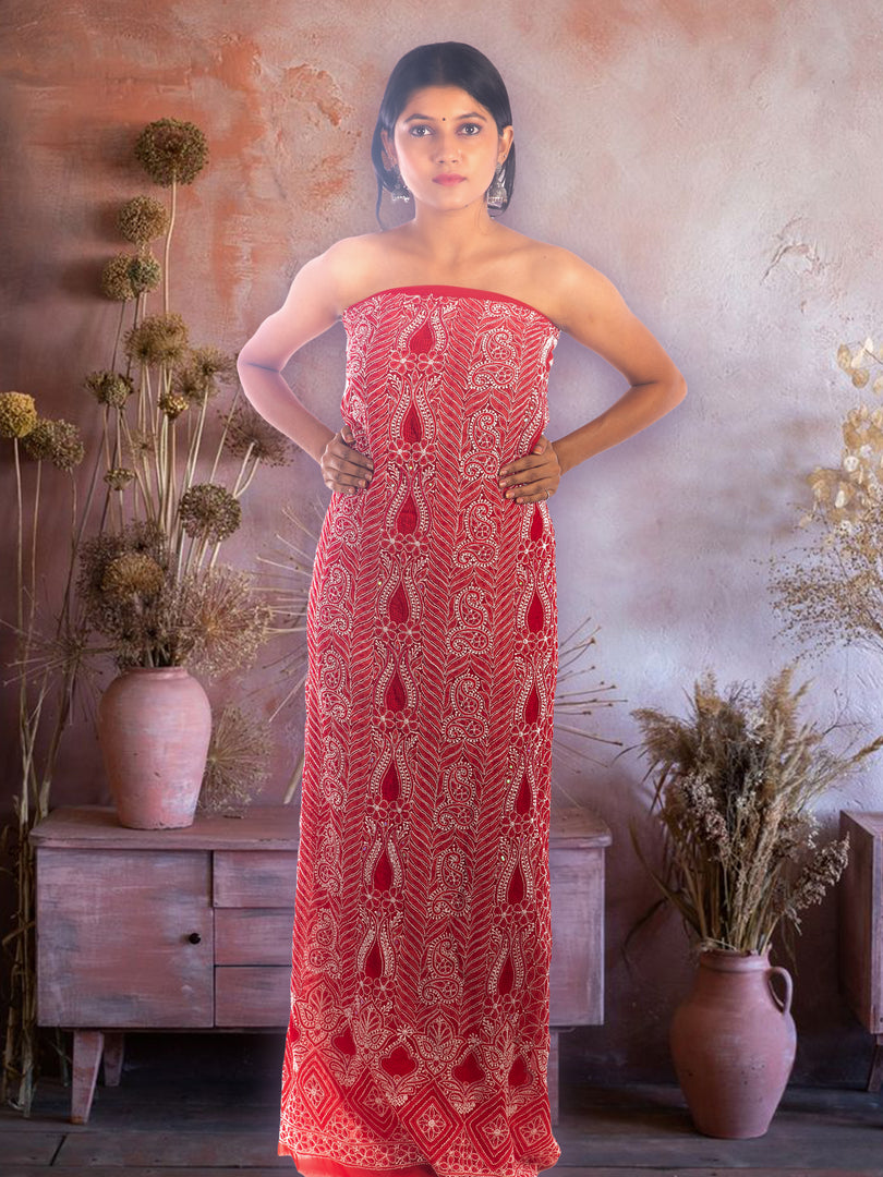 Seva Chikan Hand Embroidered Red Georgette Chikankari Unstitched Kurti Piece With Pearl & Sequins Work SCL1145