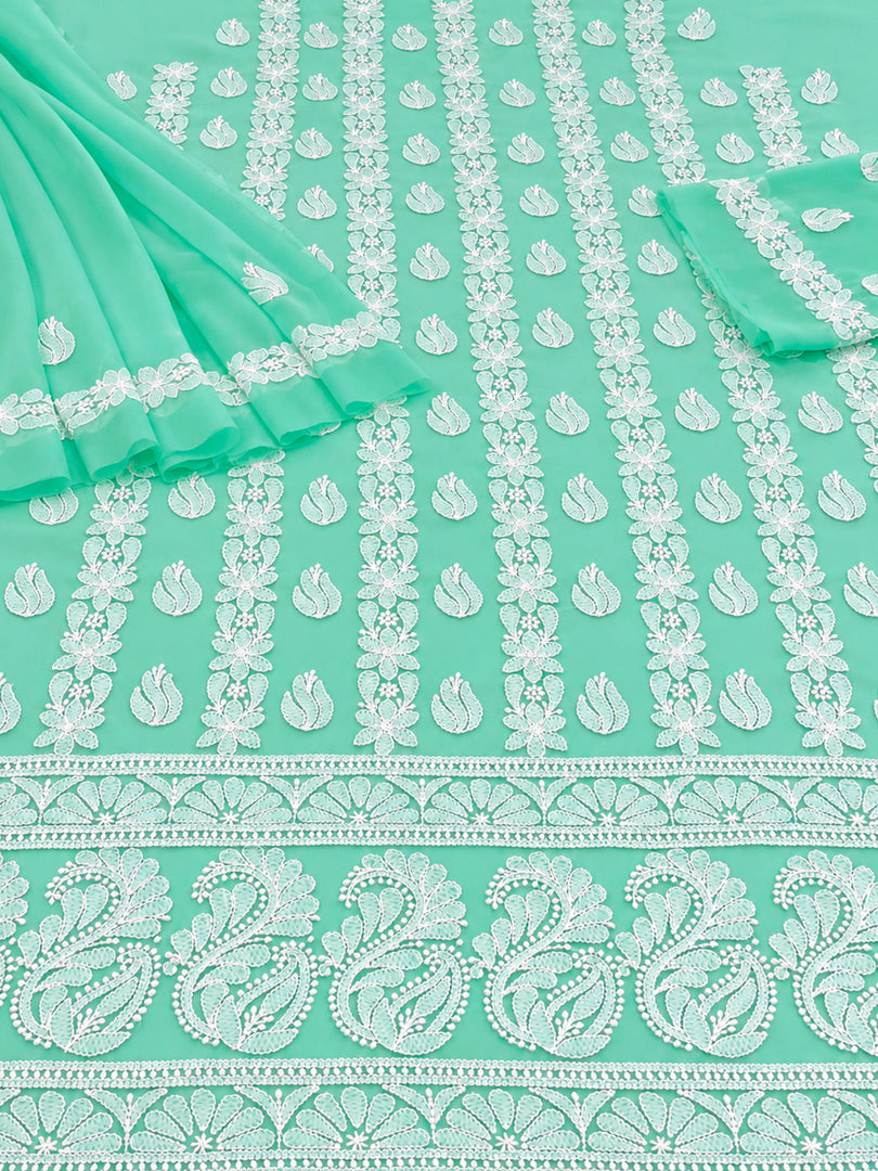 Seva Chikan Hand Embroidered Sea Green Georgette Lucknowi Chikankari Unstitched Suit Piece-SEV15042