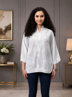 Load image into Gallery viewer, Seva Chikan Hand Embroidered White Cotton Lucknowi Chikankari Top SEV2001