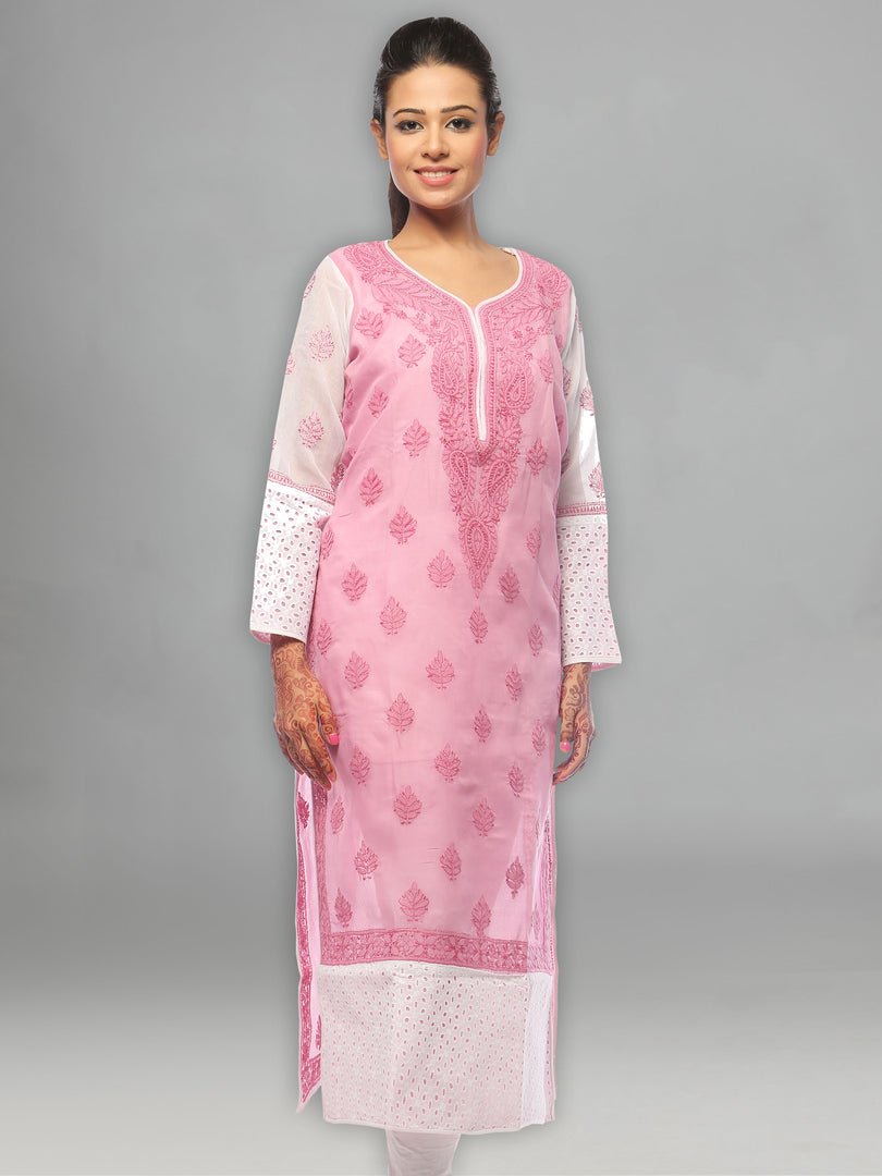 Seva Chikan Hand Embroidered Pink Cotton Lucknowi Chikan Kurta-SCL0642