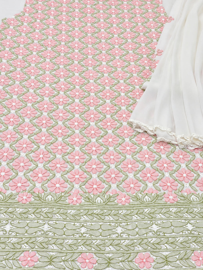 Seva Chikan Hand Embroidered White Terivoil Cotton Lucknowi Chikankari Unstitched Suit Piece-SEV15014