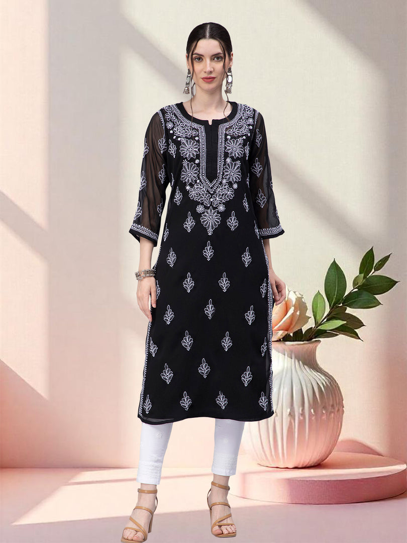 Seva Chikan Hand Embroidered Georgette Chikankari Kurta With Matching Slip