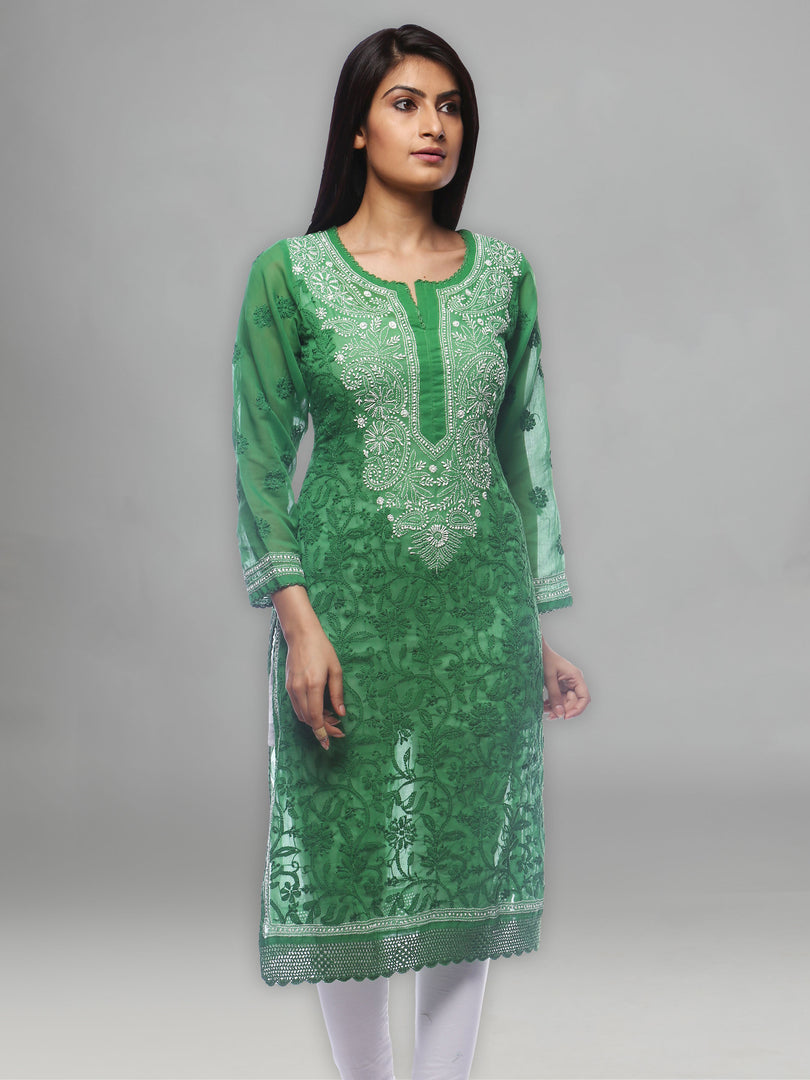 Seva Chikan Hand Embroidered Green Cotton Lucknowi Chikan Kurti-SCL0260