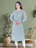 Load image into Gallery viewer, Seva Chikan Hand Embroidered Grey Cotton Lucknowi Chikan Kurti SCL1215
