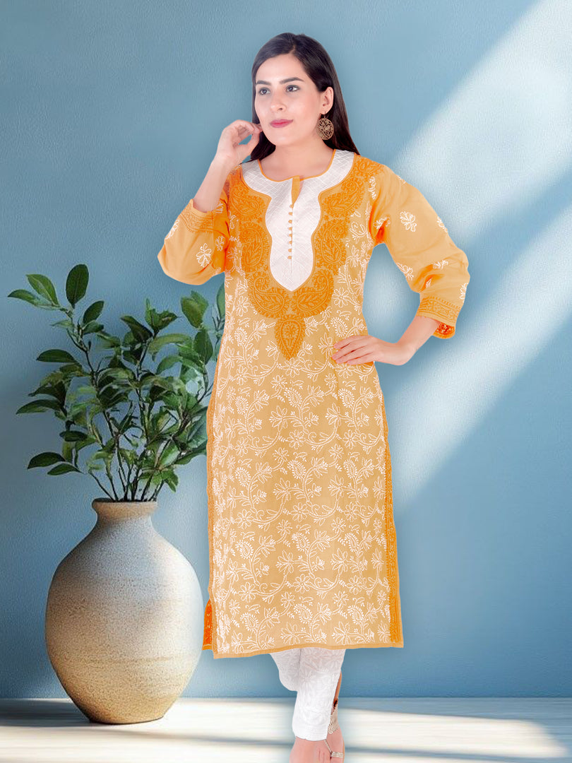 Seva Chikan Hand Embroidered Brown Cotton Lucknowi Chikan Kurti SCL1229