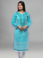 Load image into Gallery viewer, Seva Chikan Hand Embroidered Turquoise Cotton Lucknowi Chikan Kurti-SCL0273