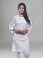 Load image into Gallery viewer, Seva Chikan Hand Embroidered White Cotton Lucknowi Chikan Kurti-SCL0217
