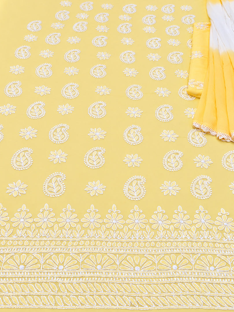 Seva Chikan Hand Embroidered Yellow Cotton Lucknowi Chikankari Unstitched Suit Piece-SEV15054