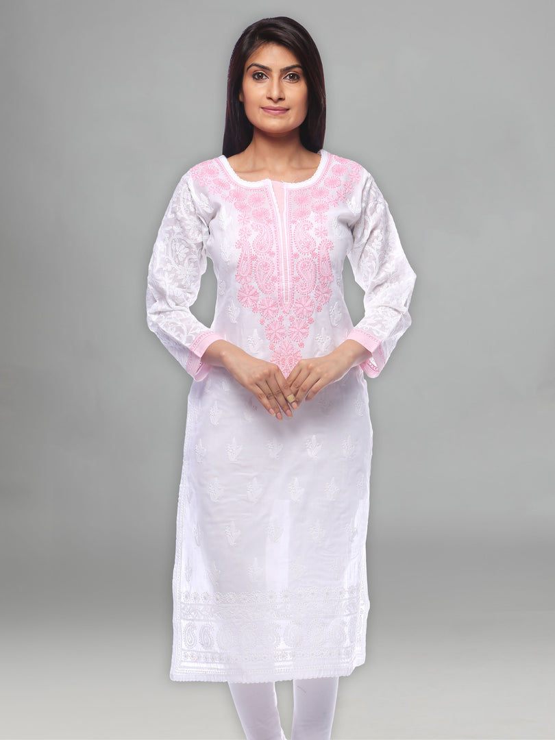 Seva Chikan Hand Embroidered White Cotton Lucknowi Chikan Kurti-SCL0304