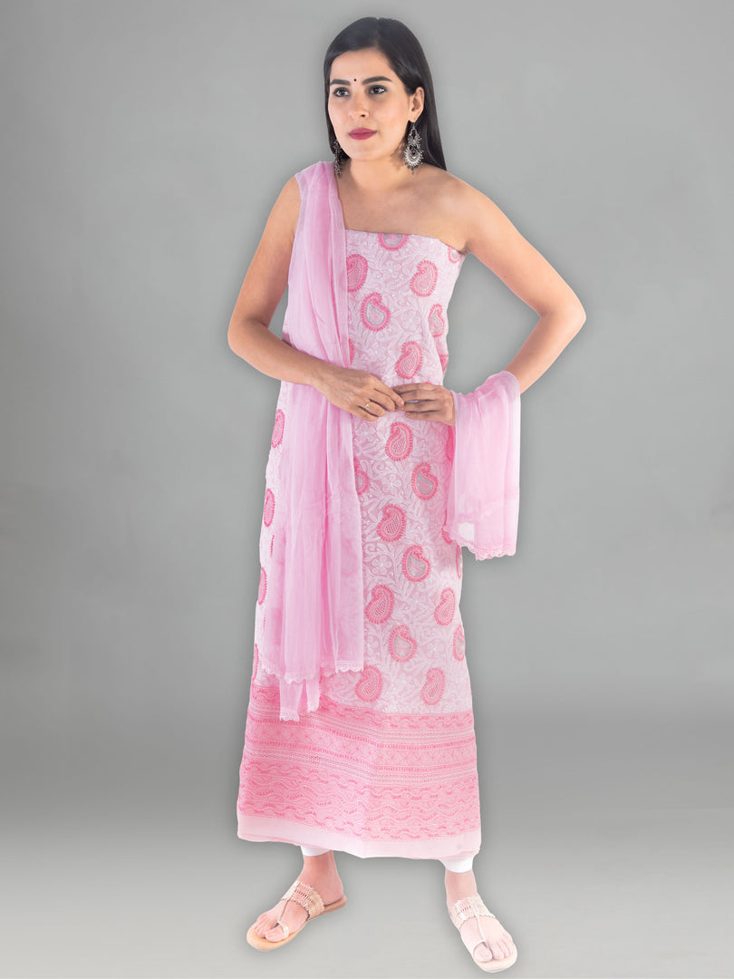 Seva Chikan Hand Embroidered Pink Cotton Lucknowi Chikan Unstitched Suit Piece SCL1436