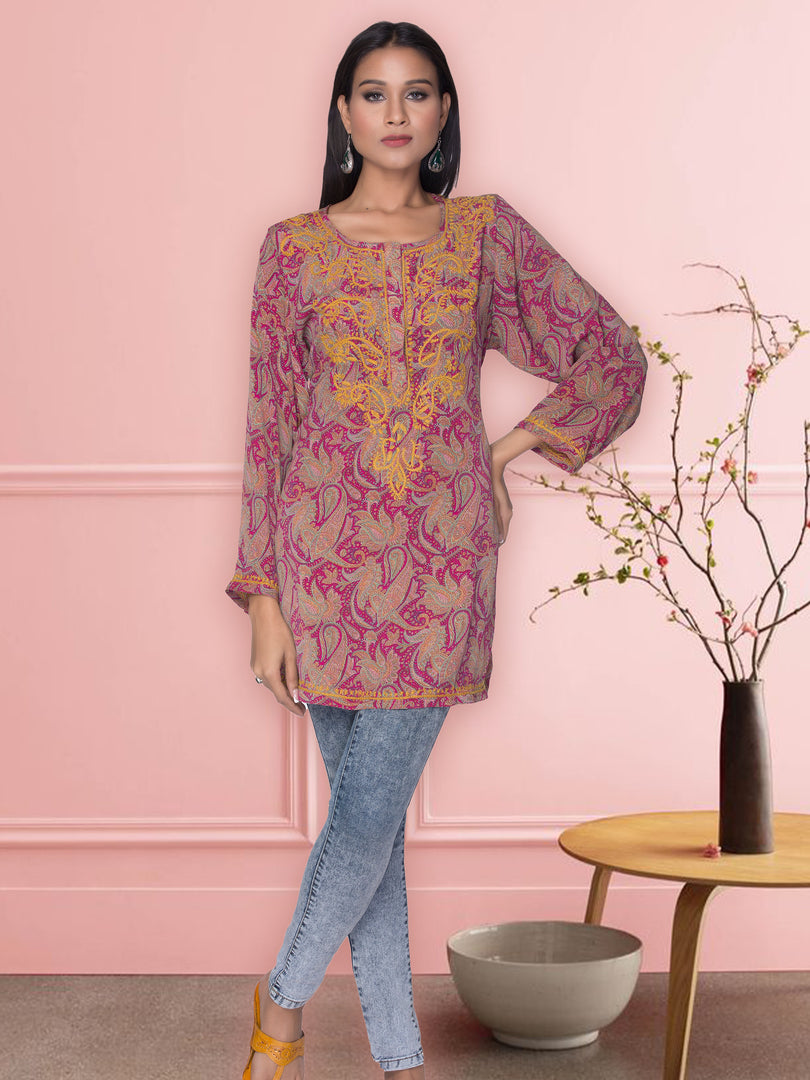 Seva Chikan Hand Embroidered Pink Rayon Lucknowi Chikan Short Kurti SCL1048