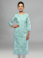 Load image into Gallery viewer, Seva Chikan Hand Embroidered Turquoise Cotton Lucknowi Chikan Kurta-SCL0637