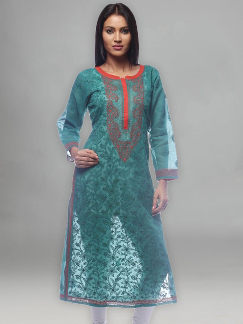 Seva Chikan Hand Embroidered Dark Green Cotton Lucknowi Chikan Kurti-SCL0236