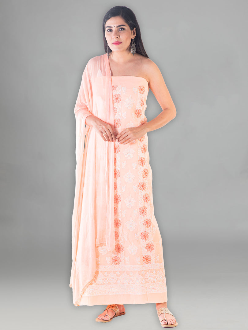 Seva Chikan Hand Embroidered Peach Cotton Lucknowi Chikan Unstitched Suit Piece-SCL1427
