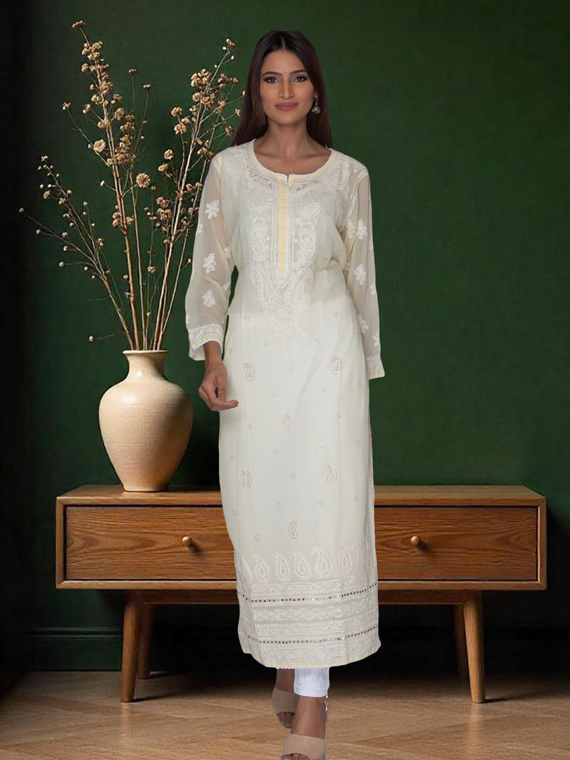 Seva Chikan Hand Embroidered White Cotton Lucknowi Chikan Kurti With Gota Patti Work SCL1071
