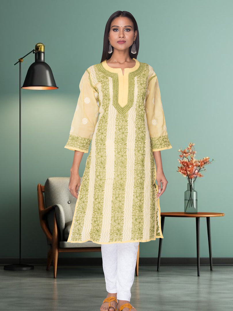Seva Chikan Hand Embroidered Yellow Cotton Lucknowi Chikan Kurti SCL0950