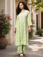 Load image into Gallery viewer, Seva Chikan Hand Embroidered Sage Green Rayon Lucknowi Chikankari Kurta Set SCL8062