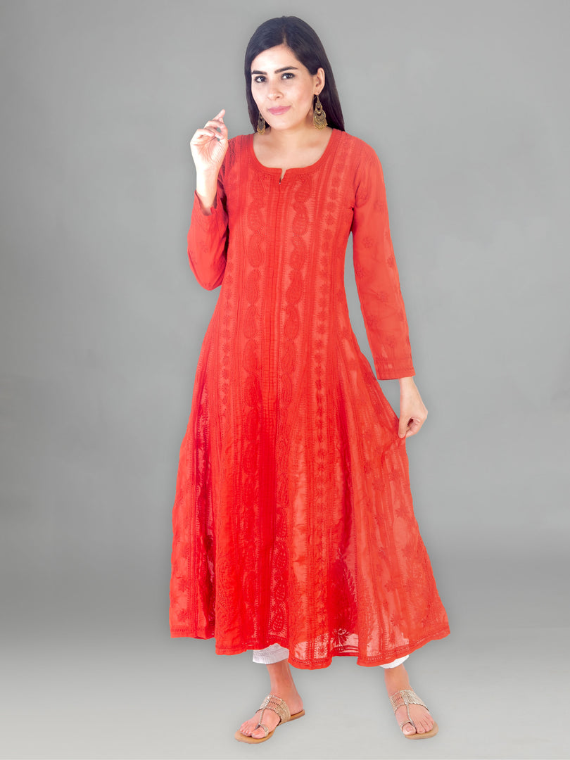 Seva Chikan Hand Embroidered Red Cotton Lucknowi Chikankari Anarkali-SCL1355
