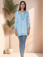 Load image into Gallery viewer, Seva Chikan Hand Embroidered Sky Blue Georgette Lucknowi Chikan Kurti SCL1059
