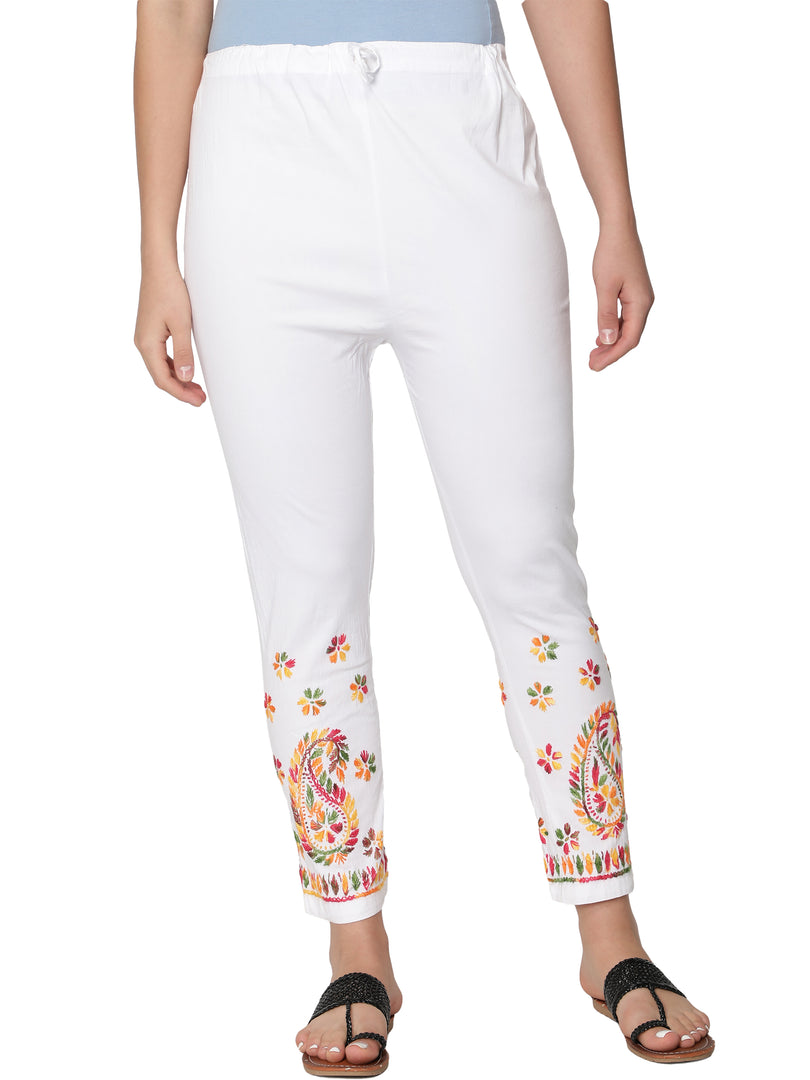 Seva Chikan Hand Embroidered White Cotton Lucknawi Chikankari Trouser-SCL11008