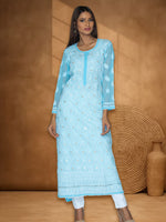 Load image into Gallery viewer, Seva Chikan Hand Embroidered Sky Blue Georgette Lucknowi Chikan Kurti With Muqaish Work SCL1064
