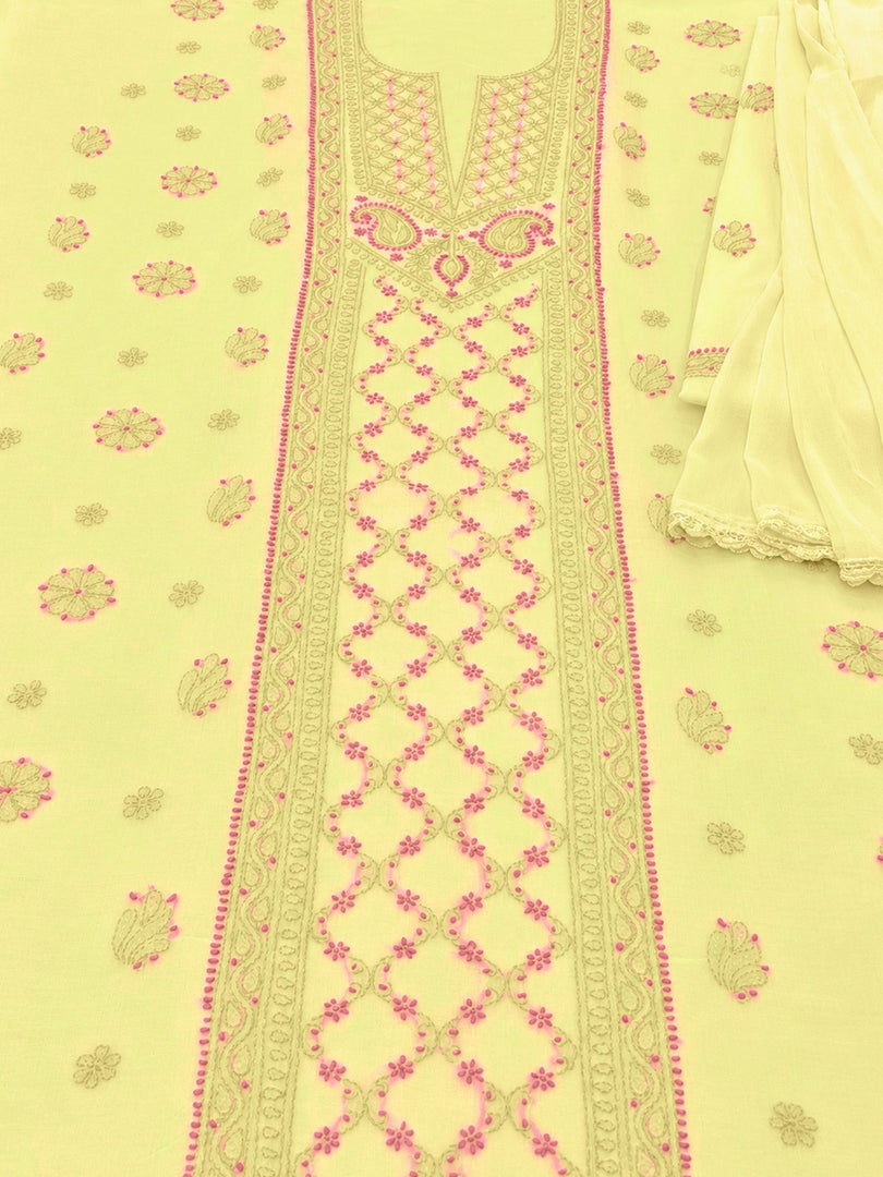 Seva Chikan Hand Embroidere Lemon Terivoil Cotton Lucknowi Chikankari Unstitched Suit Piece-SEV15025