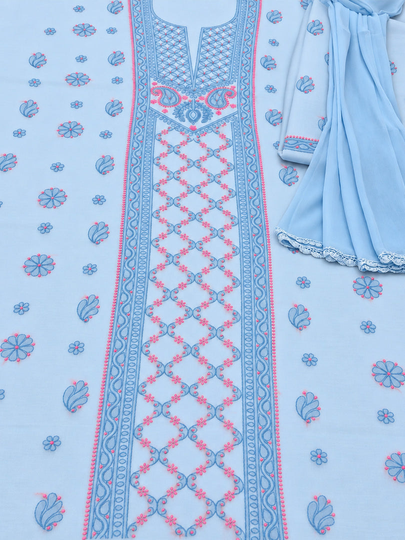 Seva Chikan Hand Embroidere Blue Terivoil Cotton Lucknowi Chikankari Unstitched Suit Piece-SEV15027