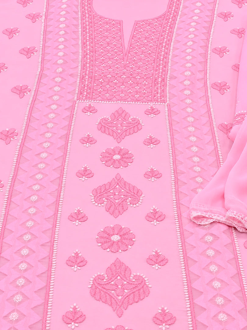 Seva Chikan Hand Embroidere Pink Terivoil Cotton Lucknowi Chikankari Unstitched Suit Piece-SEV15023