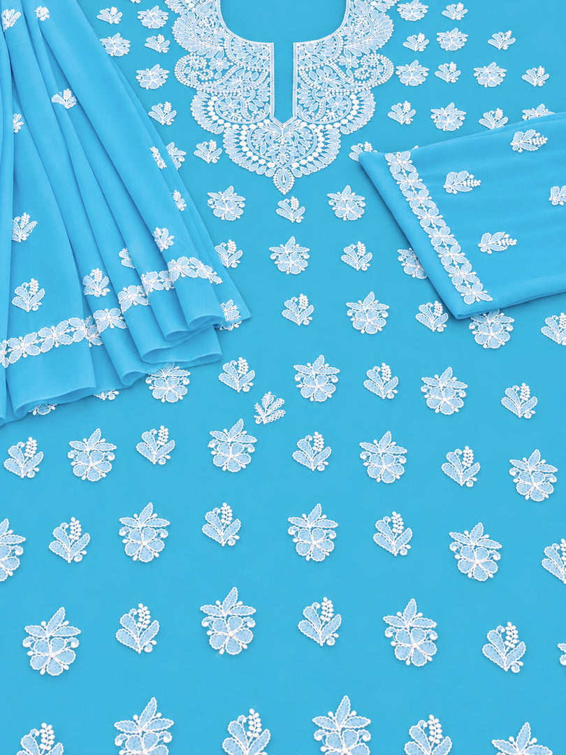 Seva Chikan Hand Embroidered Blue Georgette Lucknowi Chikankari Unstitched Suit Piece-SEV15047