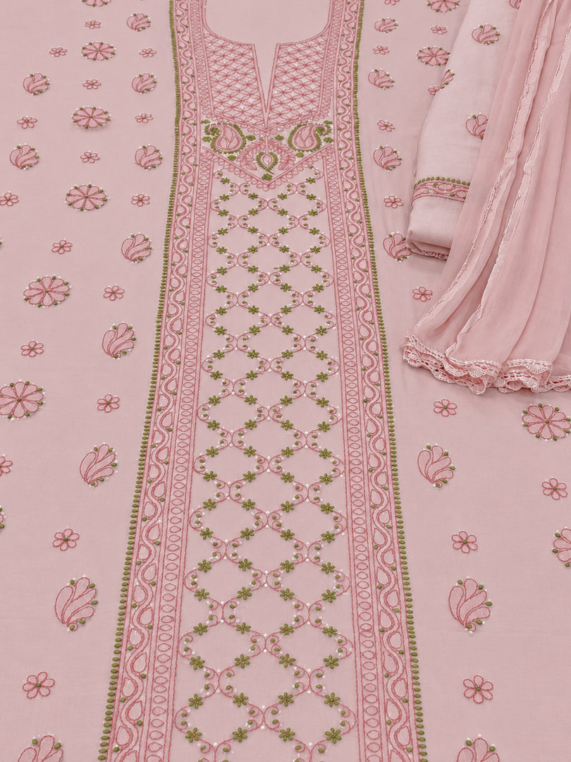 Seva Chikan Hand Embroidere Pink Terivoil Cotton Lucknowi Chikankari Unstitched Suit Piece-SEV15024