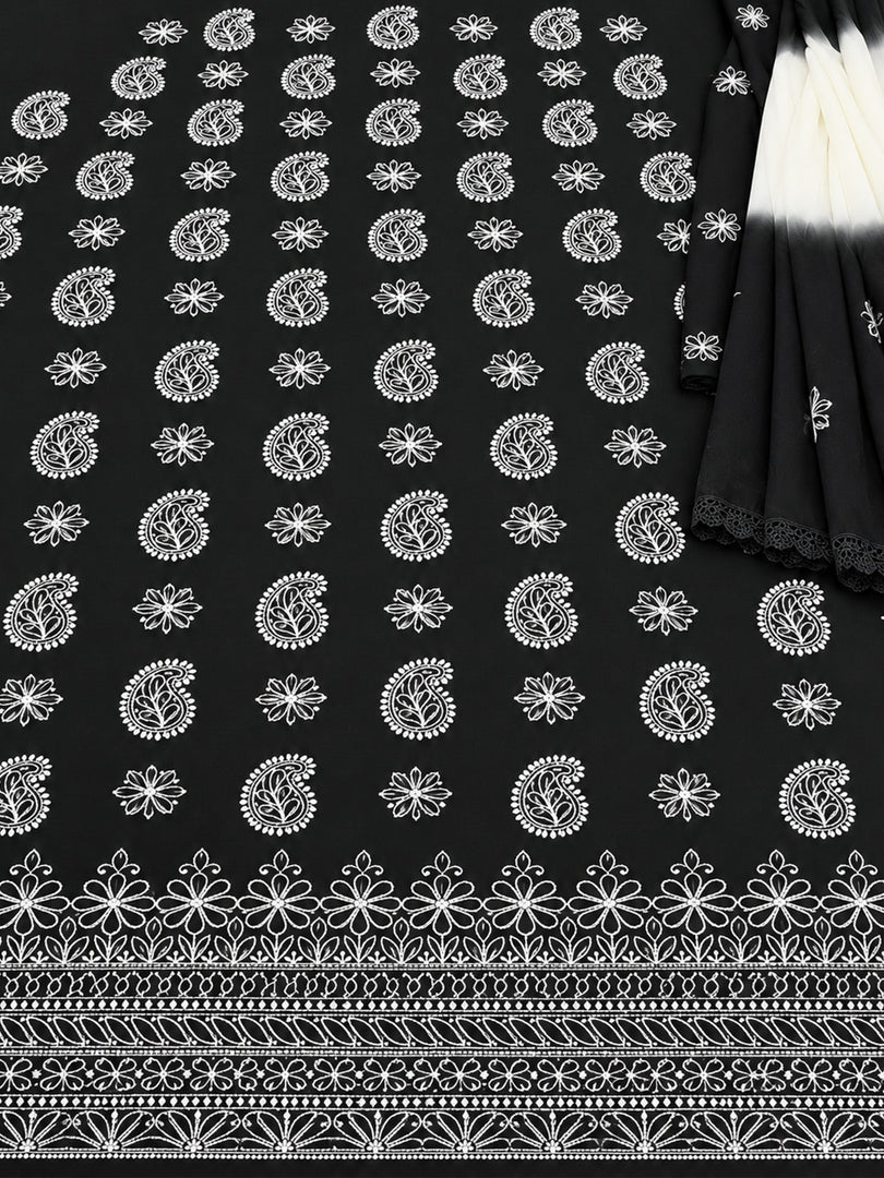 Seva Chikan Hand Embroidered Black Cotton Lucknowi Chikankari Unstitched Suit Piece-SEV15052