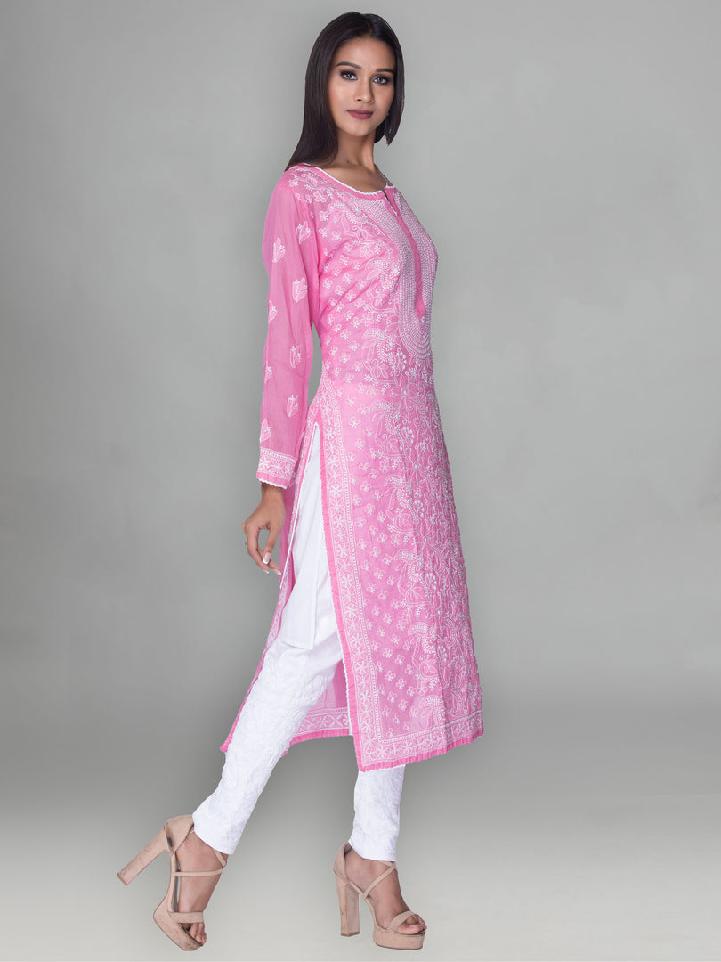 Seva Chikan Hand Embroidered Pink Cotton Lucknowi Chikankari Kurta-SCL0995
