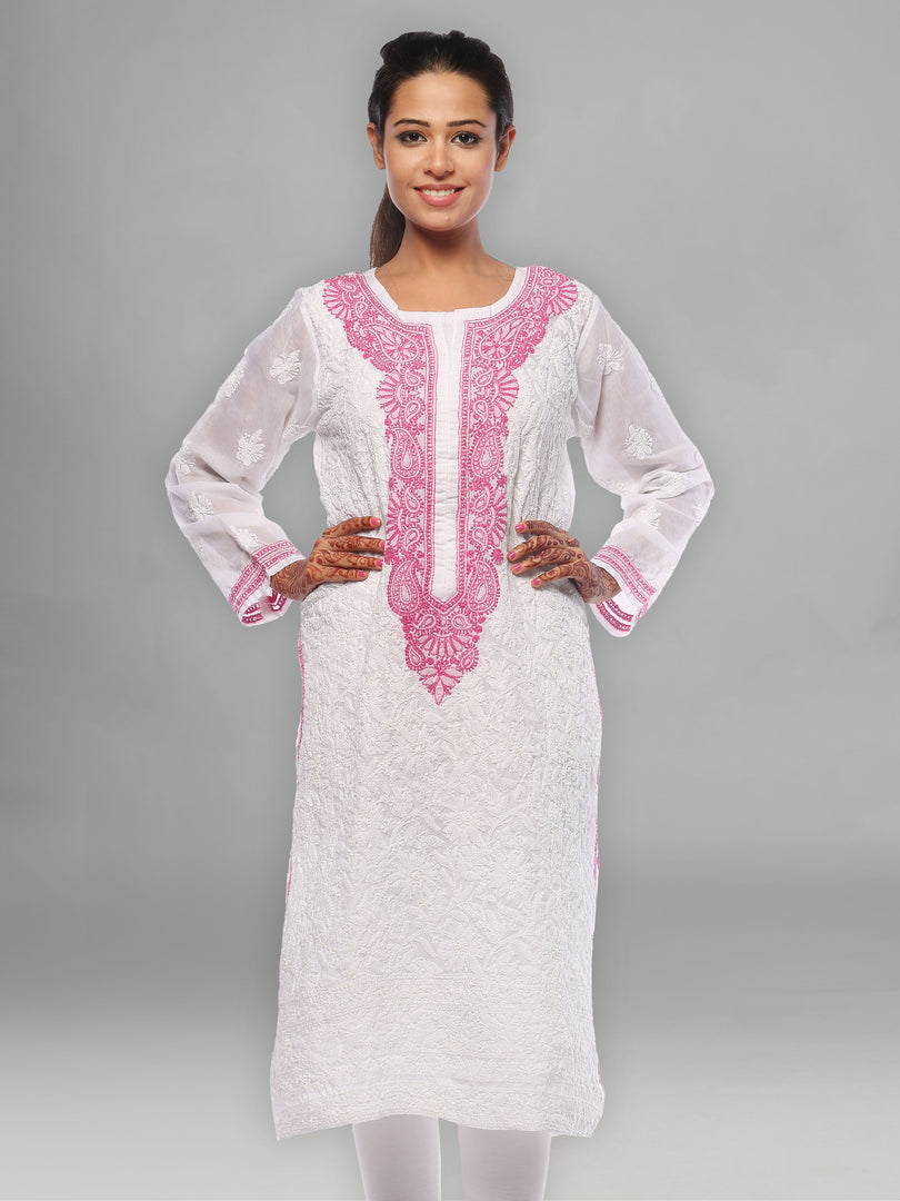 Seva Chikan Hand Embroidered White Cotton Lucknowi Chikan Kurta-SCL0678