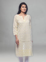 Load image into Gallery viewer, Seva Chikan Hand Embroidered Lemon Cotton Lucknowi Chikan Kurti-SCL0208
