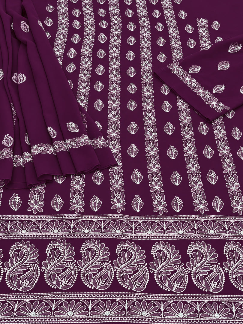 Seva Chikan Hand Embroidered Wine Georgette  Lucknowi Chikankari Unstitched Suit Piece-SEV15040