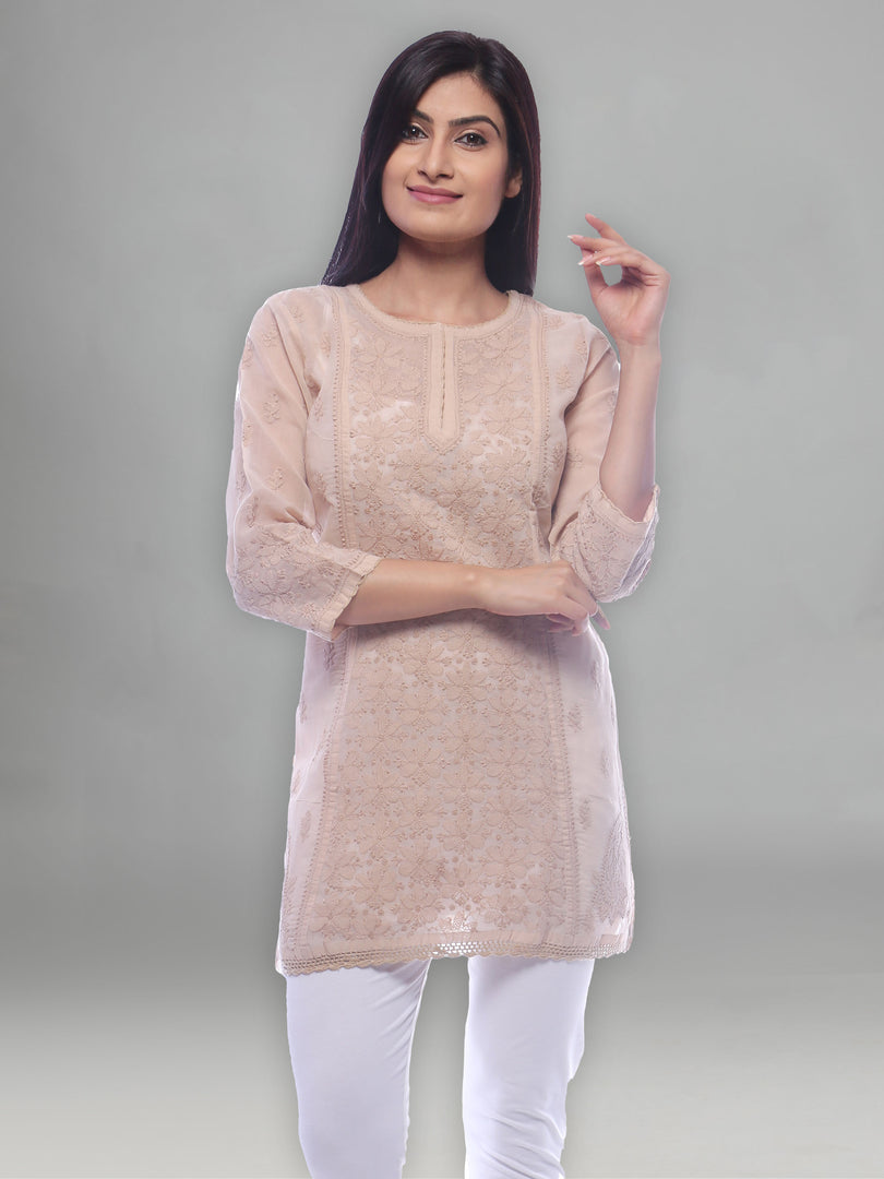Seva Chikan Hand Embroidered Beige Cotton Lucknowi Chikankari Long Top-SCL0197