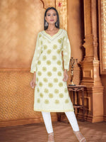 Load image into Gallery viewer, Seva Chikan Hand Embroidered Lemon Cotton Lucknowi Chikan Kurti SCL1047
