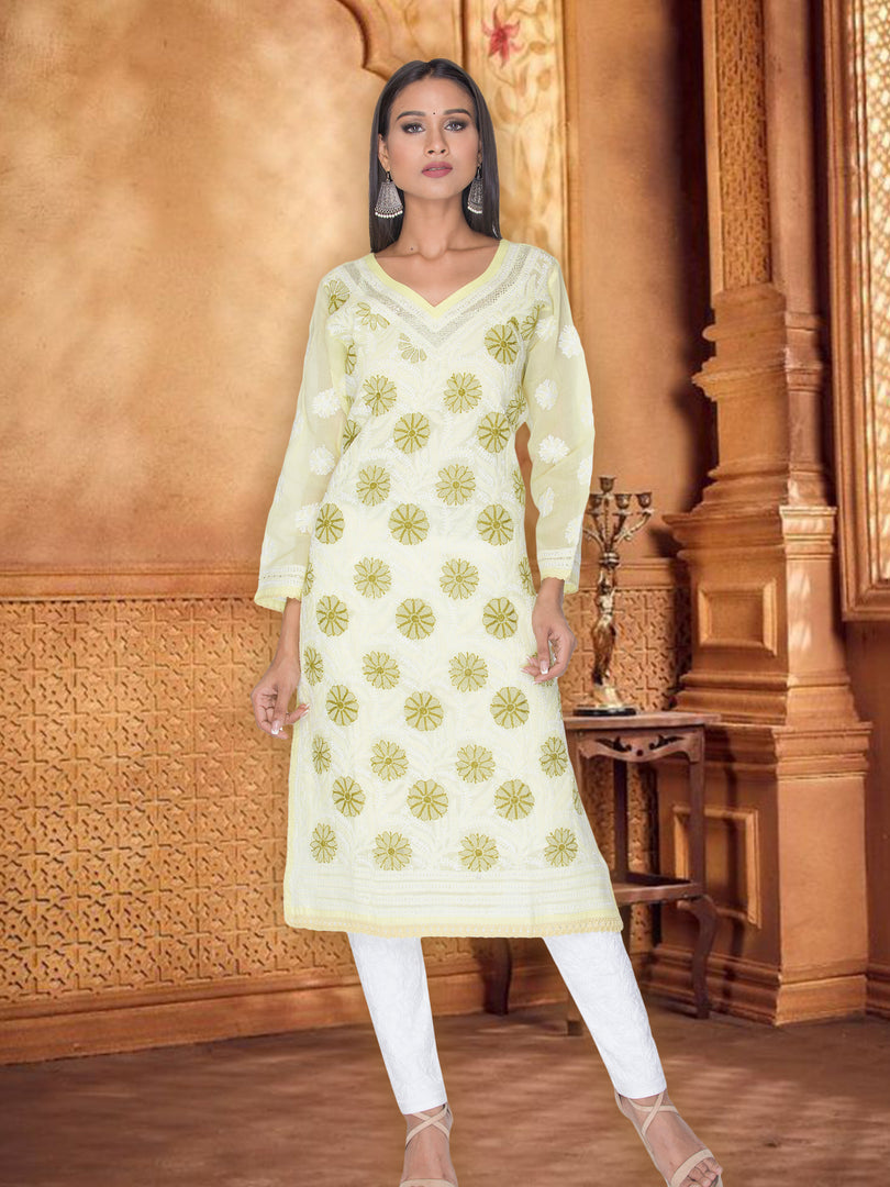 Seva Chikan Hand Embroidered Lemon Cotton Lucknowi Chikan Kurti SCL1047