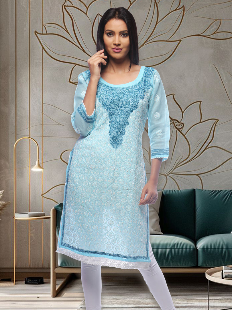 Seva Chikan Hand Embroidered Blue Cotton Lucknowi Chikan Kurti SCL0245