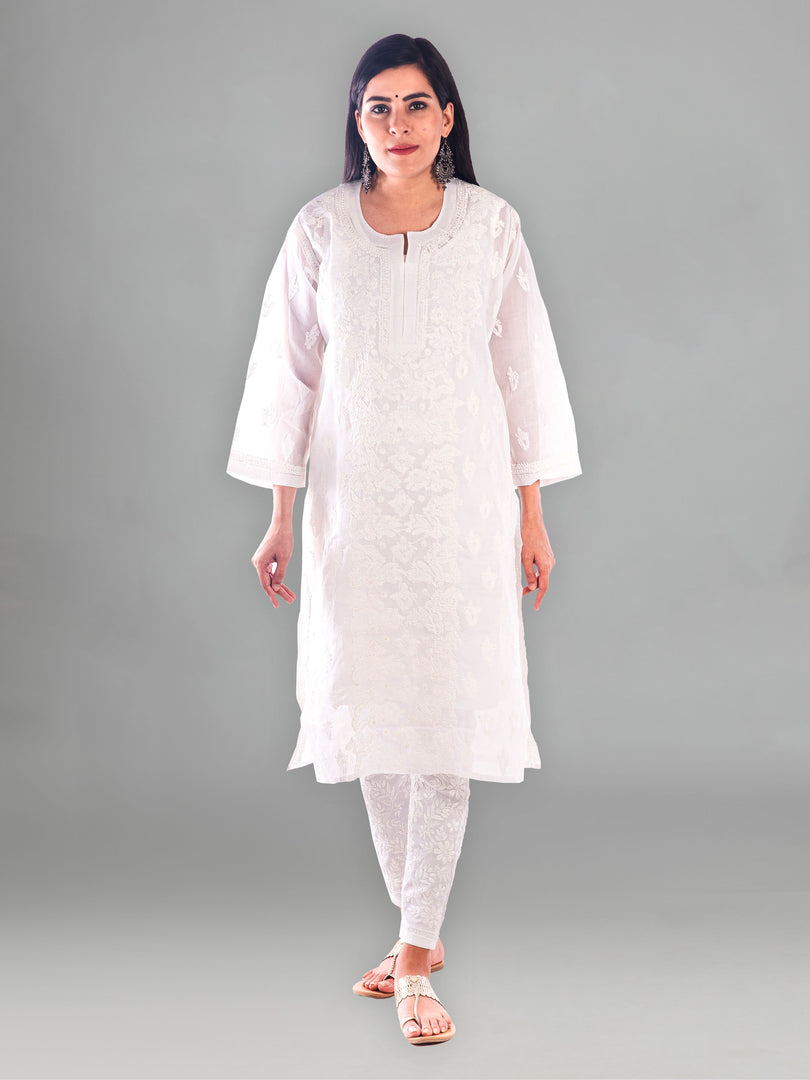 Seva Chikan Hand Embroidered White Cotton Lucknowi Chikan Kurta-SCL0945