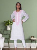 Load image into Gallery viewer, Seva Chikan Hand Embroidered White Cotton Lucknowi Chikan Kurti SCL1025
