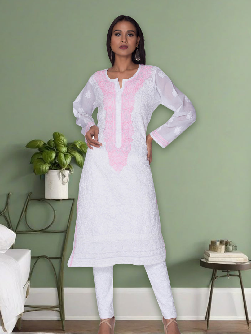 Seva Chikan Hand Embroidered White Cotton Lucknowi Chikan Kurti SCL1025