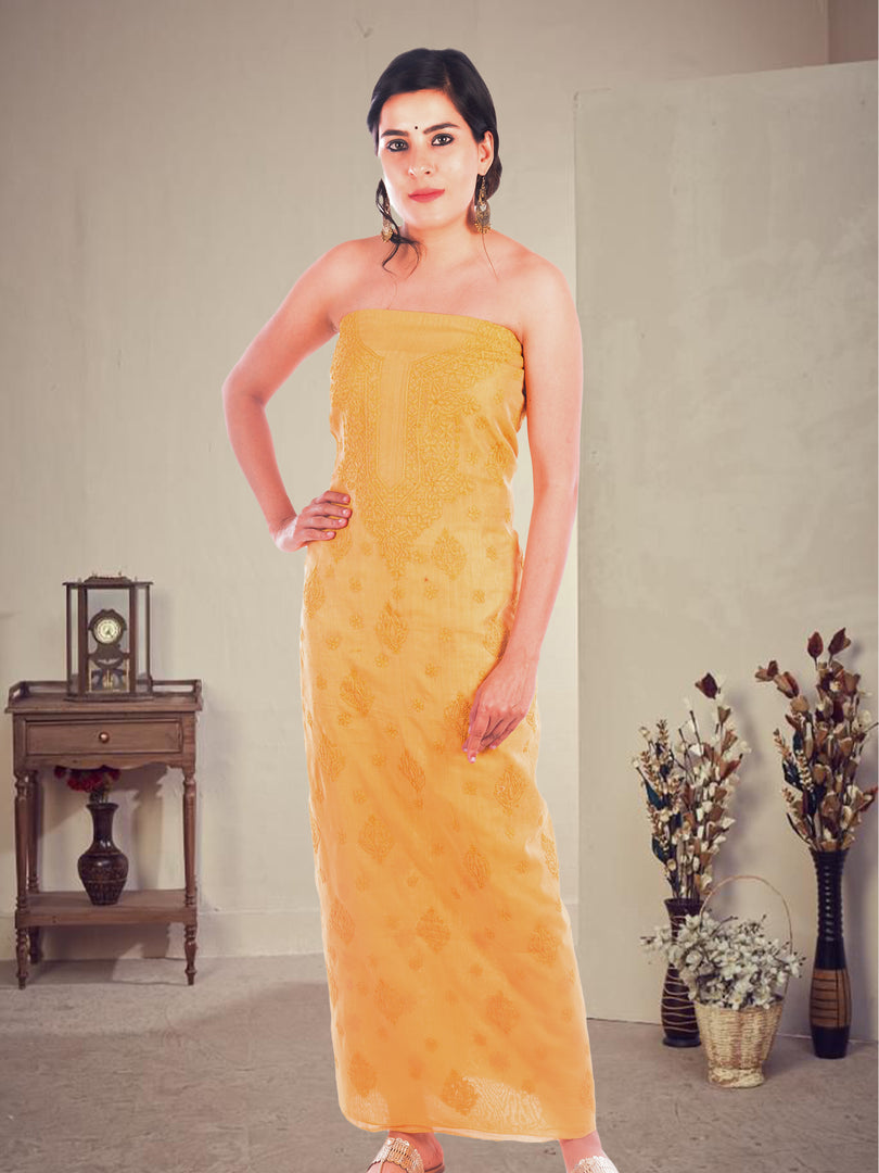 Seva Chikan Hand Embroidered Mustard Chanderi Lucknowi Chikankari Unstitched Kurti Piece SCL1108
