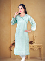 Load image into Gallery viewer, Seva Chikan Hand Embroidered Turquoise Cotton Lucknowi Chikan Kurti SCL1223
