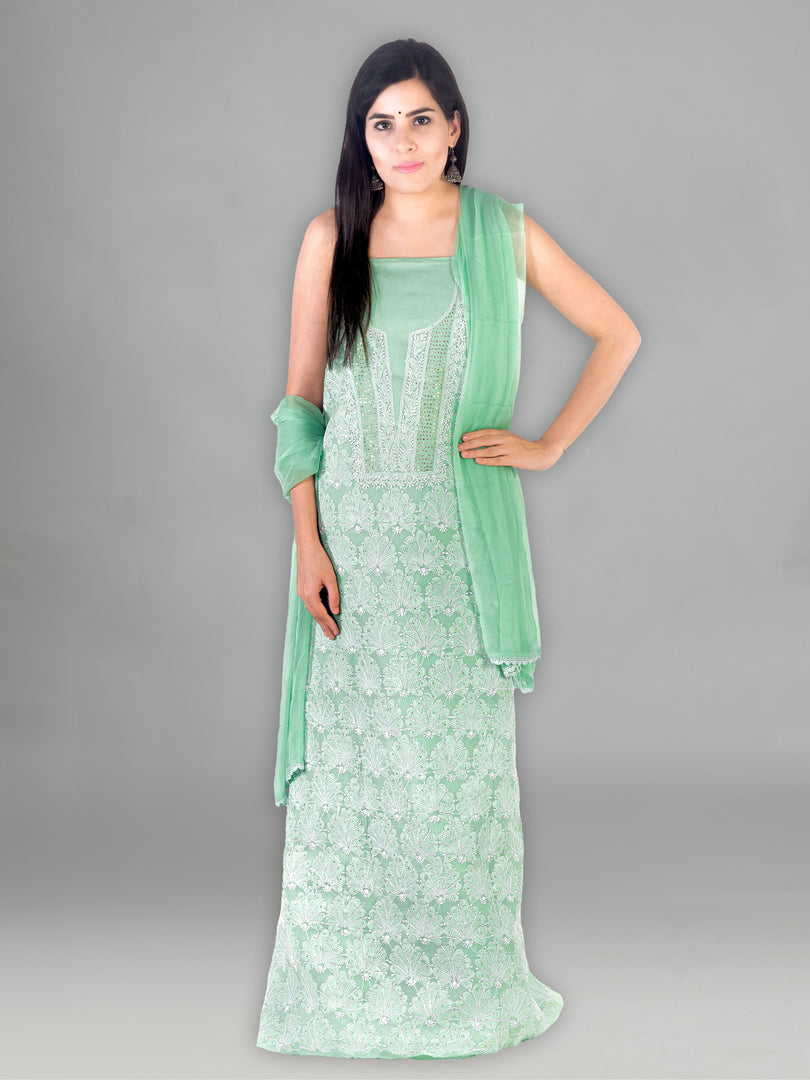 Seva Chikan Hand Embroidered Sea Green Cotton Lucknowi Chikankari Unstitched Suit Piece-SCL1391