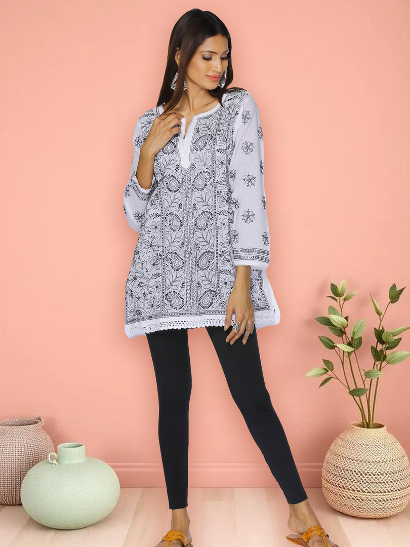 Seva Chikan Hand Embroidered White Cotton Lucknowi Chikan Short Kurti SCL1036