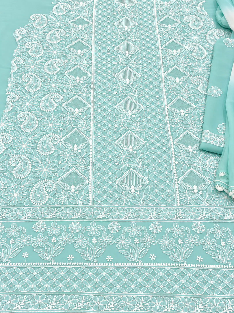 Seva Chikan Hand Embroidered Sea Green Cotton Lucknowi Chikankari Unstitched Suit Piece-SEV15031